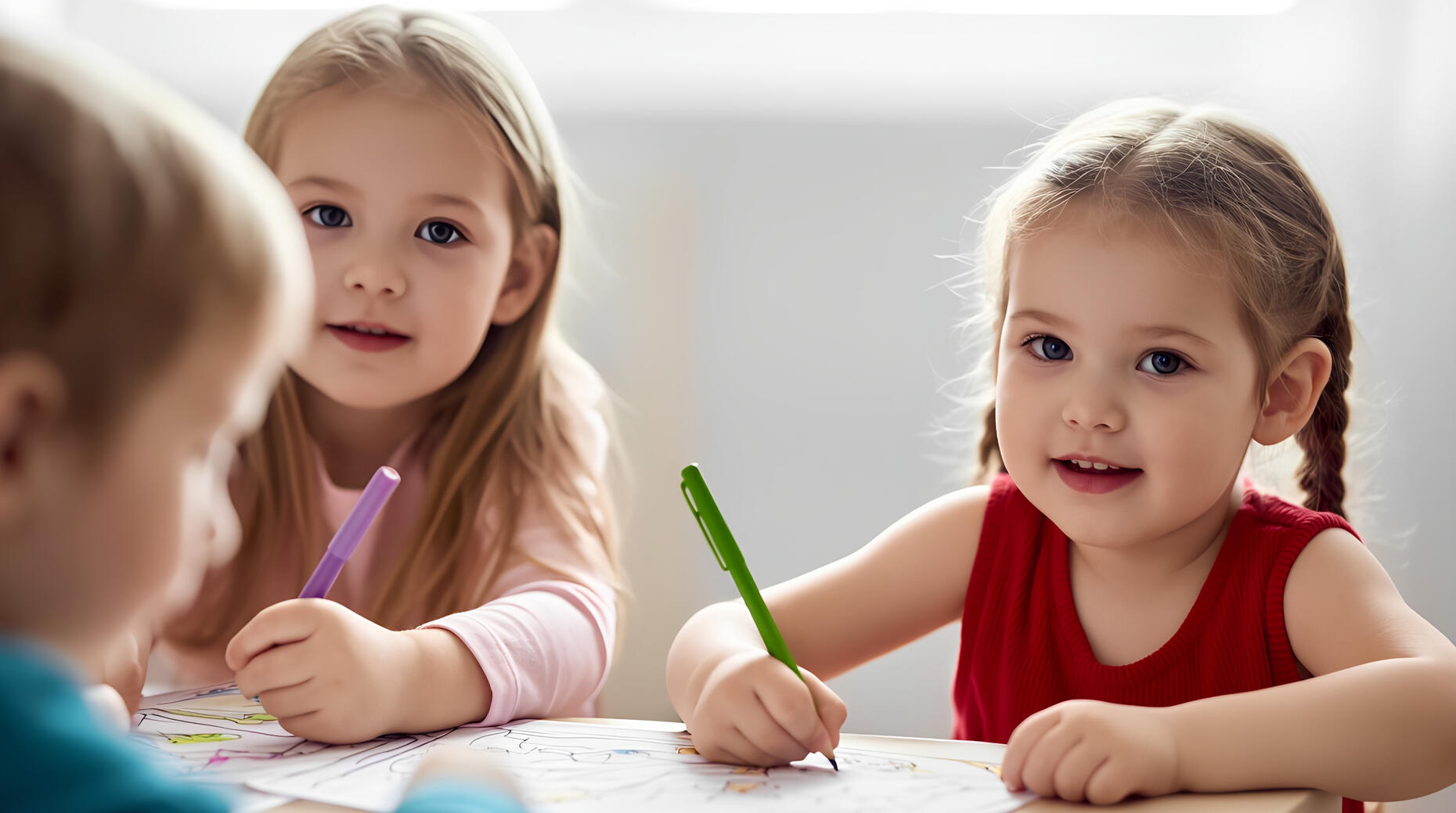 Children's English Lessons Little girls look intrigued to learn English.